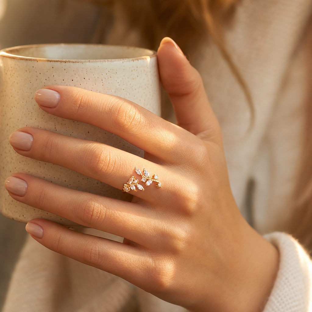 Bague feuille zircon dorée