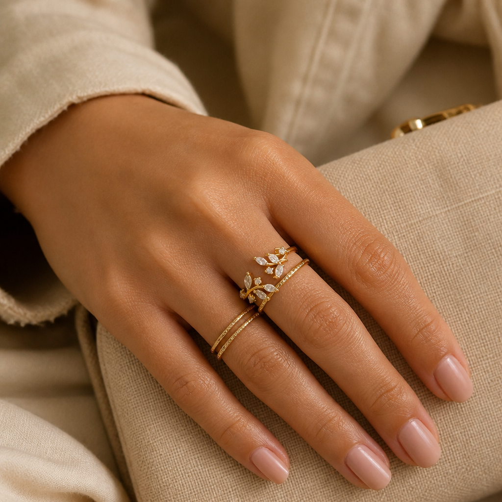 Bague feuille zircon dorée