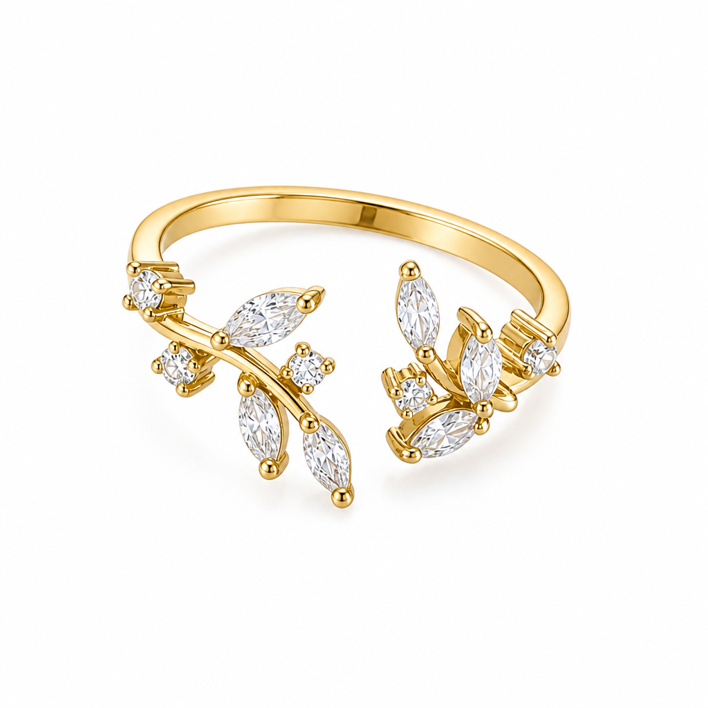 Bague feuille zircons dorée