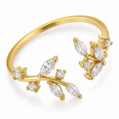 Bague feuille zircons dorée
