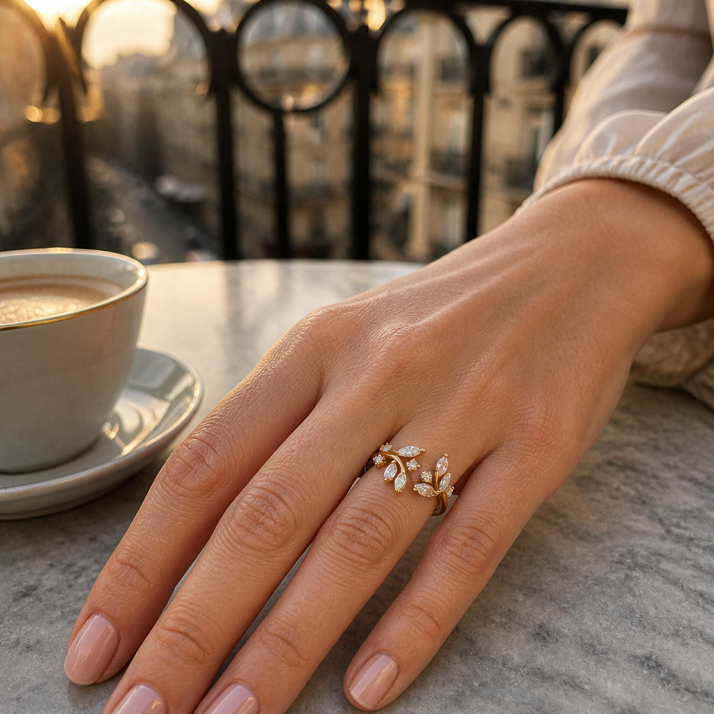 Bague feuille zircons dorée