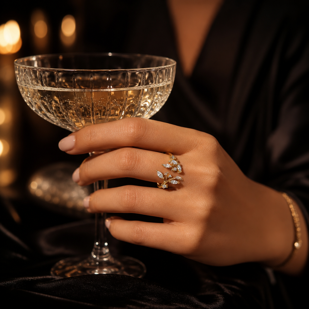 Bague feuille zircons dorée